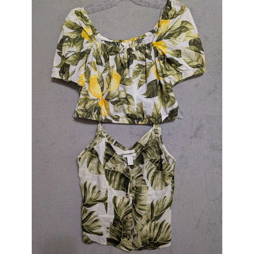 H&M 2 Tops/Shirts 100% Linen Cotton Sz S Women's Green Tropical / Lemons
